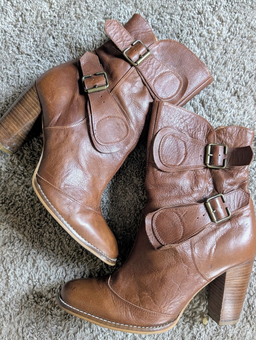 Women's Steve Madden Mid Calf  Brown Leather Boots W Buckles Heels Y2K Size 10